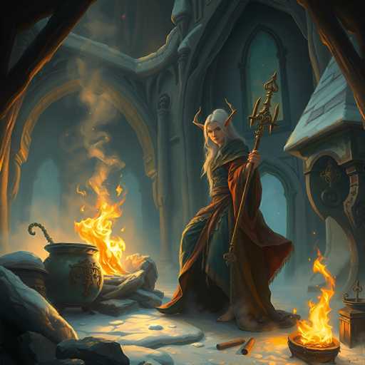 The image depicts a detailed, computer-generated scene of a female elf standing in a snowy courtyard of a grand, medieval-style castle. The elf, with long white hair and large, pointed ears, is dressed in a flowing green gown with a red shawl draped over her shoulders. She holds a golden staff adorned with three prongs and a cross at the top in her left hand. The courtyard is filled with snow, and the elf stands barefoot amidst the wintry landscape.

To the elf's left, a large cauldron brimming with flames sits on a pile of rocks, with smoke curling upwards. In the bottom right corner of the image, another smaller cauldron also emits flames. The background reveals the castle's architecture, featuring tall arched windows and a stone roof, adding to the medieval ambiance. The scene is rich in colors, including shades of brown, gray, orange, yellow, green, and red, enhancing the fantasy setting.