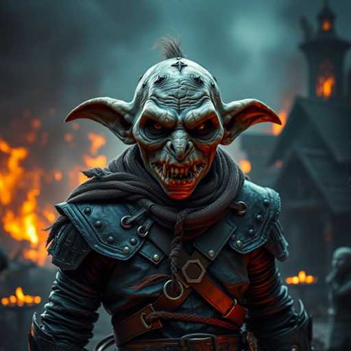 The image depicts a menacing, goblin-like creature with distinct features. Its head is bald except for a small tuft of hair at the back, and it has a prominent cross tattooed on its forehead. The creature's ears are pointed and protrude outward, adding to its sinister appearance. Its eyes are sunken, giving it a hollow, eerie look. The creature's nose is long and pointed, while its mouth is filled with sharp, jagged teeth, some of which are missing, revealing gaps. A rope is tied around its neck, and it wears a black leather jacket adorned with metal studs on the shoulders. The creature's arms are clad in black leather sleeves, and a brown belt with a silver buckle cinches its waist. In the background, a building is engulfed in flames, with smoke rising into the sky, adding to the chaotic and ominous atmosphere.