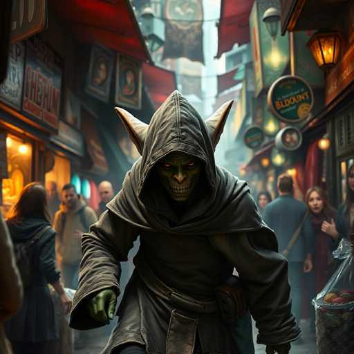 A goblin brigand, cloaked in a dark hooded cloak and mask, navigates a bustling fantasy market street. The scene is rendered with a highly detailed, vibrant style, emphasizing a sharp focus and rich color palette. The composition is dynamic, with the brigand positioned in the foreground, drawing the viewer's eye. The overall aesthetic is one of a fantastical, immersive world.