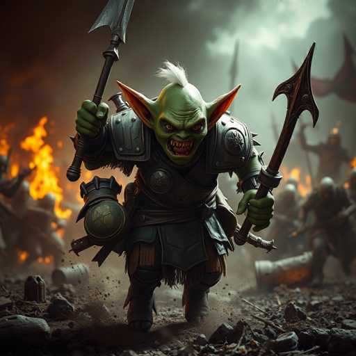 A fierce, green goblin warrior charges amidst a chaotic battlefield. He's clad in weathered, cobbled-together armor, wielding a massive, jagged battleaxe with a determined grin. The scene is rendered in a hyper-realistic style, emphasizing dramatic lighting and a wide, epic composition. The overall aesthetic is dark fantasy, with a focus on raw power and intense action.