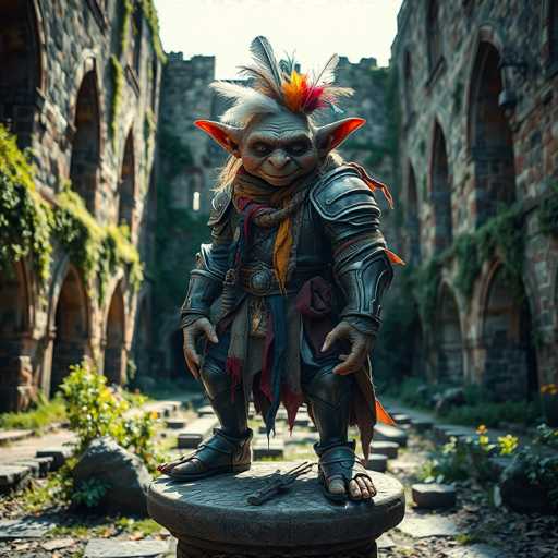 A whimsical, hyper-realistic fantasy illustration depicts a goblin brigand standing on a weathered stone pedestal in an overgrown castle courtyard. The goblin, with pointed ears and a mischievous grin, is clad in mismatched armor adorned with tattered cloth and feathers. The scene exudes a magical, slightly eerie atmosphere, showcasing intricate details in the lighting and composition.