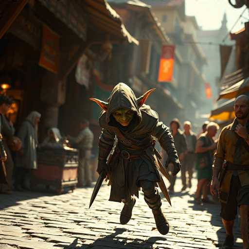 In this captivating scene from a video game, a green-skinned elf-like character is depicted mid-leap, seemingly pouncing towards the viewer. The character is adorned in a dark gray hooded cloak, with matching gloves and boots, and wields a sword in their right hand. Their pointed ears and intense expression add to the dynamic energy of the moment. The backdrop features a bustling cobblestone street, lined with various shops and buildings. Red banners hang from the structures, adding splashes of color to the scene. A diverse crowd of people populates the street, some glancing curiously at the elf-like figure while others go about their business. The overall atmosphere is one of lively activity and intrigue, perfectly capturing the essence of a vibrant fantasy world.