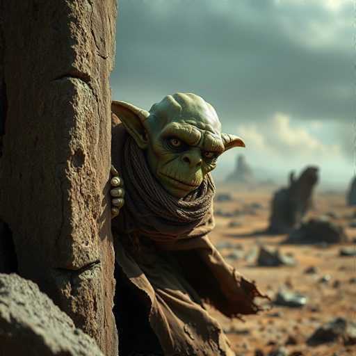 In this captivating image, a green creature reminiscent of Yoda from Star Wars emerges from behind a rugged rock formation. The creature's face is marked by a prominent nose, and its eyes are a striking yellow with black pupils. Its ears are long and pointed, adding to its otherworldly appearance. The creature's right hand, adorned with long, green fingers, clutches the rock for support. It is draped in a brown robe and matching scarf, blending seamlessly with the earthy tones of the surrounding landscape. The ground beneath is a mix of brown dirt and scattered rocks, with larger rock formations visible in the background. The sky above is a blend of blue and gray, with clouds adding a dramatic touch to the scene. The creature gazes downward, seemingly lost in thought, as it stands in this serene yet mysterious environment.