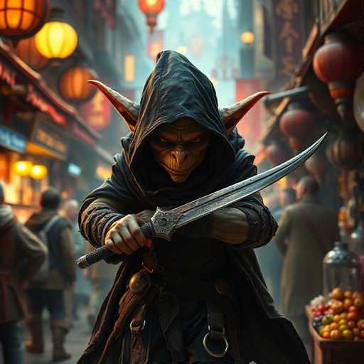 The image depicts a character dressed as a dragon with a hood and wings, holding a sword and surrounded by people walking on the street at night. The character is wearing a black robe and has a red scarf around their neck.