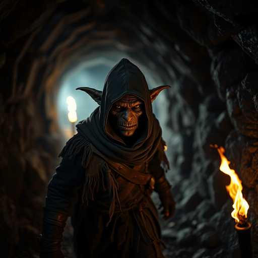 The image depicts a menacing, goblin-like creature with a grayish-green complexion, standing in the center of a dark cave. The goblin's face is marked by large, pointed ears that jut out to the sides, and a mouth filled with sharp, jagged teeth. Its eyes are dark and intense, giving it a sinister appearance. The creature is dressed in a black hooded cloak with a scarf wrapped around its neck, and leather straps crisscross its chest. Its arms are clad in black leather gloves, adding to its intimidating presence. The cave itself is dimly lit, with flames flickering from a torch on the right side and another distant light source in the background. The overall atmosphere is eerie and foreboding, with the goblin staring directly at the viewer, creating a sense of unease.