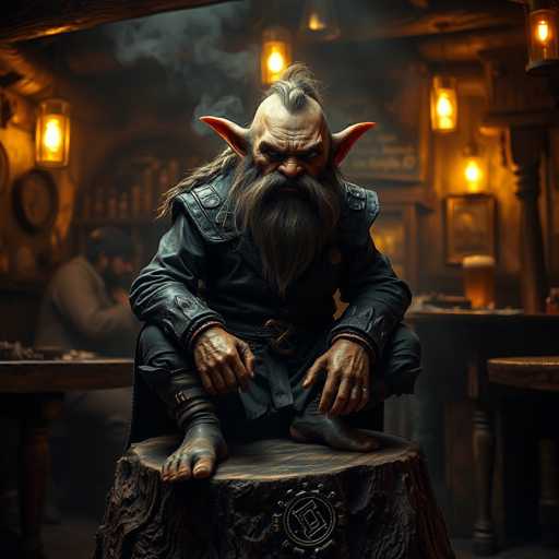 A stout, bearded dwarf sits cross-legged on a weathered tree stump in a dimly lit tavern. He wears a dark leather tunic, his long beard and hair are unkempt, and he gazes intently at the viewer. The tavern is filled with a smoky atmosphere, illuminated by warm lanterns hanging in the background. A blurred figure sits at a table to the left, adding depth to the scene. The overall style is highly detailed and evocative, creating a gritty, fantasy-inspired atmosphere.