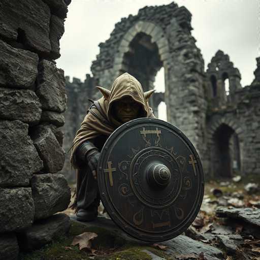 The image depicts a character reminiscent of Yoda from Star Wars, standing in front of a dilapidated castle. The character is dressed in a brown hooded cloak, with his distinctive pointy ears protruding from the hood. He is holding a large, round shield adorned with intricate designs, including a central circle, a cross, and a crescent moon. The shield also features a prominent button in the middle. The character's face is partially obscured, with only his eyes visible, giving him a mysterious appearance. The background reveals the ruins of a grand castle, with crumbling stone walls and archways, adding to the scene's sense of ancient grandeur and decay.