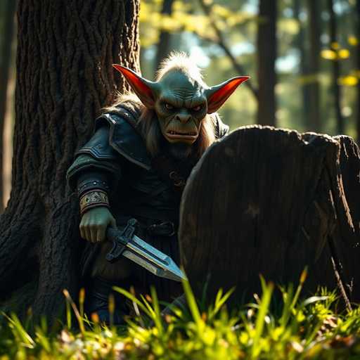 This image depicts a computer-generated goblin standing in a forest setting. The goblin has a green face with a prominent frown, revealing its teeth. Its eyes are brown, and it has a tuft of white hair on its head. The creature's ears are long and pointed, with a reddish tint inside. It is dressed in a black leather outfit, complete with a belt and a strap across its chest. The goblin's right hand is visible, holding a silver sword with a black handle. In front of the goblin, there is a large, round wooden stump. The background features a blurred forest with tall trees, and the foreground is adorned with green grass.
