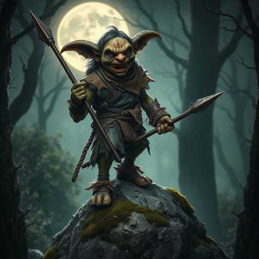 The image depicts a menacing, goblin-like creature standing on a moss-covered rock in a dark, eerie forest. The creature has green skin, large pointed ears, and a wrinkled forehead, with its mouth open to reveal sharp teeth. It wears a tattered, brown and gray tunic that extends to its knees, along with brown sandals. In its hands, it holds a long spear with a rope handle. The background features a full moon casting a yellowish glow, silhouetted against a dark sky, with bare trees and some green foliage adding to the spooky atmosphere. The overall scene is shrouded in fog, enhancing the sinister and mysterious mood.
