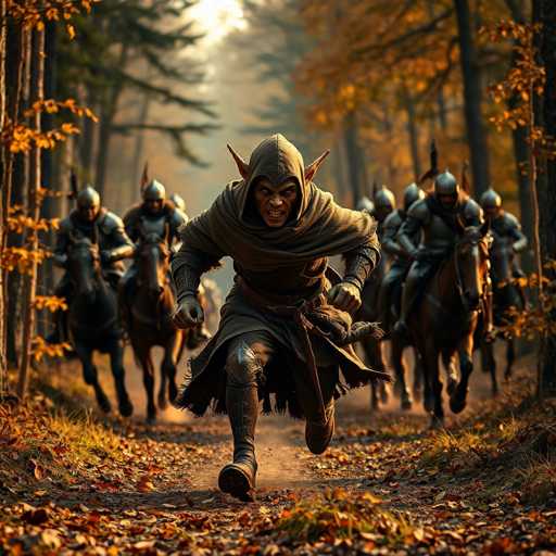 A lone, elven brigand in a tattered brown cloak sprints through a dense, autumnal forest. He's being pursued by a group of armored knights on horseback, their movement creating a sense of intense action. The scene is bathed in warm, golden light, emphasizing the dynamic and dramatic nature of the encounter. The art style is highly detailed and realistic, capturing a thrilling, epic moment.