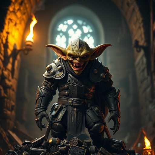 The image depicts a highly detailed, computer-generated goblin-like creature standing in the center of a dimly lit, medieval-style dungeon. The creature, with its greenish skin and menacing expression, features large, pointed ears, a prominent forehead, and a wide mouth filled with sharp teeth. It is clad in intricate black leather armor, complete with shoulder pads, a chest plate, and a belt. The creature's hands are gloved, and it stands atop a pile of debris, possibly including armor pieces. The background reveals a stone wall adorned with torches that cast flickering shadows, and a large, arched stained glass window with a gray border. The overall atmosphere is dark and foreboding, with the creature's menacing stance adding to the eerie ambiance.