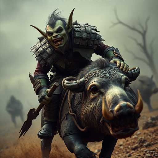 In this captivating fantasy scene, a fearsome orc rider commands attention atop a formidable war boar. The orc, with his green skin and menacing fangs, exudes an aura of danger and power. His head is adorned with a striking mohawk, and his ears are long and pointed, adding to his intimidating appearance. He is clad in intricate armor that covers his shoulders and chest, and he grips a trident with a fierce determination. The war boar beneath him is equally imposing, its large, curved tusks and sturdy legs suggesting both strength and agility. The boar's head is protected by a metal plate, further emphasizing the battle-ready nature of this fearsome duo. The background is shrouded in a misty, gray atmosphere, with barren trees and distant figures adding depth and a sense of foreboding to the scene. The ground is a mix of dirt and scattered rocks, enhancing the rugged and war-torn environment. This image vividly captures the essence of a fantastical realm, filled with danger and adventure.