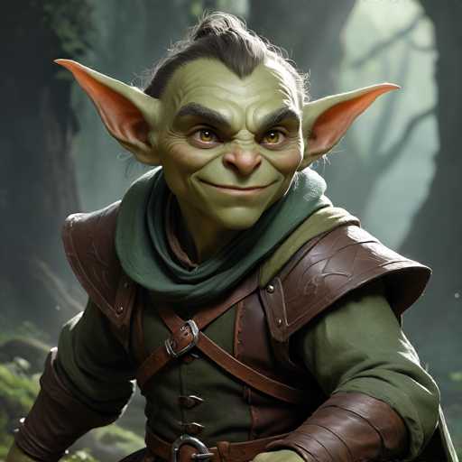 The image depicts a highly detailed, computer-generated character that appears to be from a video game or animated movie. The character is a green-skinned orc with distinct features, including long, pointed ears that are pink on the inside, and a tuft of brown hair styled in a man bun. He has a mischievous, almost sinister smile on his face, with brown eyes and thick eyebrows. The orc is dressed in a green tunic with brown leather shoulder pads and a brown leather belt, which has a silver buckle. A green scarf is wrapped around his neck, adding to his rugged appearance. The background is a blurred, foggy forest with dark green trees, enhancing the mysterious and enchanting atmosphere of the scene.