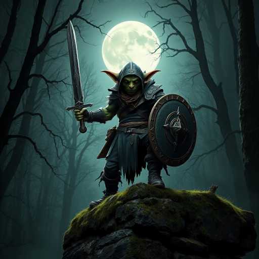 In this detailed digital artwork, a green orc-like creature stands prominently on a moss-covered rock in the foreground of a dark, eerie forest. The creature, with its large pointed ears and menacing expression, is clad in a tattered gray hooded cloak and matching tunic. Its right hand grips a long sword, while its left hand holds a round shield adorned with a silver star. The background reveals a dense forest of leafless trees, their silhouettes stark against a full moon that casts an ethereal glow over the scene. The overall atmosphere is one of foreboding and mystery, with the creature appearing ready for battle amidst the hauntingly beautiful moonlit landscape.