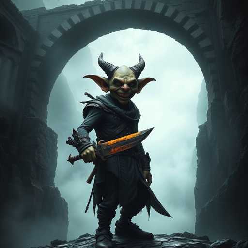 The image depicts a menacing goblin-like creature standing in a dark, foggy archway. The goblin has a greenish complexion, large pointy ears, and two black horns protruding from its head. Its face is adorned with a sinister grin, revealing sharp teeth, and it has piercing red eyes. The creature is dressed in a tattered black outfit, consisting of a long-sleeved shirt, pants, and a cape-like garment. In its right hand, it wields a large, glowing orange knife, while a sword is strapped to its back. The archway, constructed of stone, is shrouded in darkness and mist, with a hint of light filtering through the opening, adding to the eerie atmosphere of the scene.