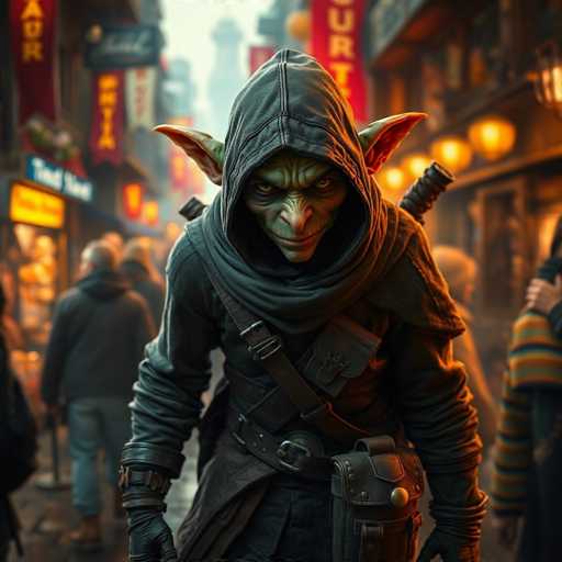A goblin brigand, cloaked in a dark hooded garment and wielding a short sword, navigates a bustling, vibrant marketplace. The scene is rendered in a highly detailed, hyperrealistic style with sharp focus and rich color, capturing the energy of a crowded city.