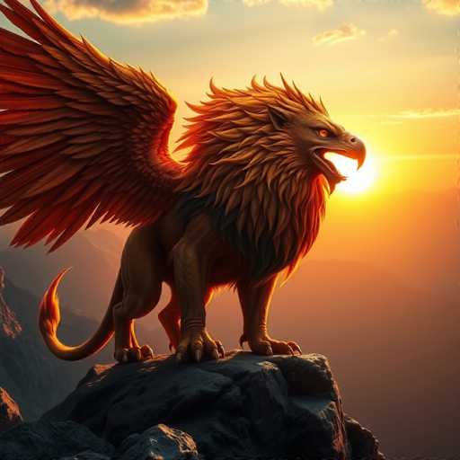 A majestic, winged lion stands proudly atop a dark rock, bathed in the warm glow of a setting sun. The lion's golden fur contrasts with its fiery orange wings, creating a dramatic silhouette against the vibrant sky. The scene is rendered in a digital painting style with a focus on dynamic lighting and detailed textures, evoking a sense of power and fantasy.