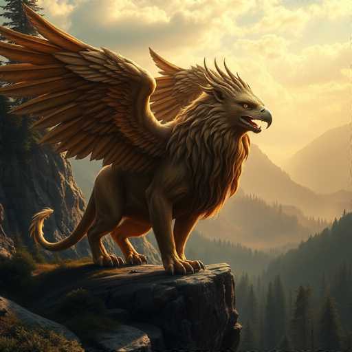 This detailed digital artwork depicts a majestic griffin perched on the edge of a rocky cliff. The creature, a mythical beast with the body of a lion and the wings of an eagle, is rendered in a light brown hue. Its powerful lion-like legs are firmly planted on the rock, while its expansive wings are spread wide, showcasing intricate feather details. The griffin's head is turned to the right, revealing a fierce expression with its mouth open, displaying sharp teeth. Its piercing yellow eyes and large, curved beak add to its formidable appearance. The creature's mane flows elegantly down its neck, and its tail curls behind it, adding to its dynamic pose. The background features a serene landscape with a light blue sky dotted with white clouds, distant mountains, and a dense forest of tall pine trees, creating a sense of grandeur and natural beauty.