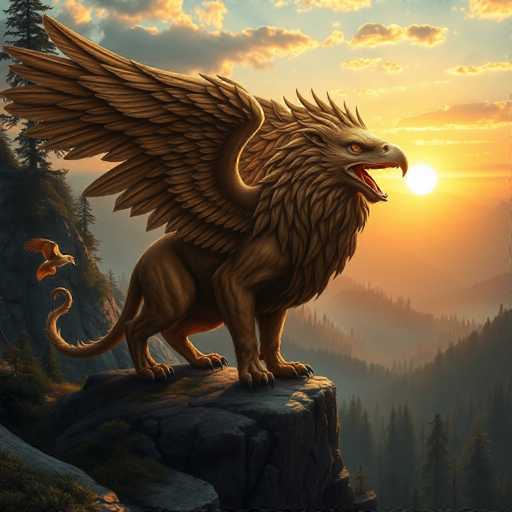 In this detailed fantasy painting, a majestic griffin stands prominently on a rocky outcrop, overlooking a vast valley filled with dense pine forests. The griffin, a mythical creature with the body of a lion and the head of an eagle, is depicted in a side profile, facing right. Its powerful wings are spread wide, and its sharp claws are firmly planted on the rock. The creature's golden-brown feathers contrast beautifully with the lush greenery below. The sky above is a mix of blue and gray, with clouds illuminated by the setting sun, which casts a warm glow over the entire scene. In the background, another eagle can be seen soaring, adding to the sense of grandeur and adventure. The overall composition captures the essence of a fantastical world, blending elements of nature with mythical beauty.