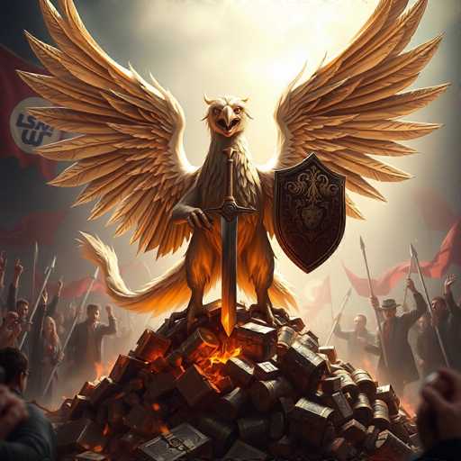 The image depicts a fantastical creature that appears to be a hybrid of a bird and a dragon, standing majestically on a pile of treasure. The creature has a bird-like head adorned with two prominent horns, and its body is covered in feathers. Its wings are expansive and powerful, extending outward and upward. The creature's feet resemble those of a dragon, adding to its mythical appearance. In its left claw, it holds a shield, while its right claw grasps a sword that is firmly planted into the treasure below. The creature's beak is open, giving it a fierce and alert expression.

The treasure beneath the creature consists of an assortment of gold coins, silver coins, and various boxes, all glowing with an intense orange hue, suggesting they are alight with fire. Surrounding the creature are numerous people, some wielding spears and others holding flags, all seemingly in awe of the magnificent being. The scene is dynamic and filled with energy, capturing a moment of reverence and spectacle.