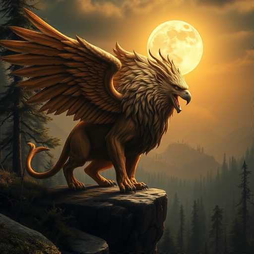 A majestic winged lion stands proudly on a rocky cliff, its golden wings spread wide against a dramatic sunset. The scene is bathed in warm light, with the lion's head turned towards a full moon in the sky. The art style is fantastical, with a focus on detailed textures and dramatic lighting, evoking a sense of power and wonder.