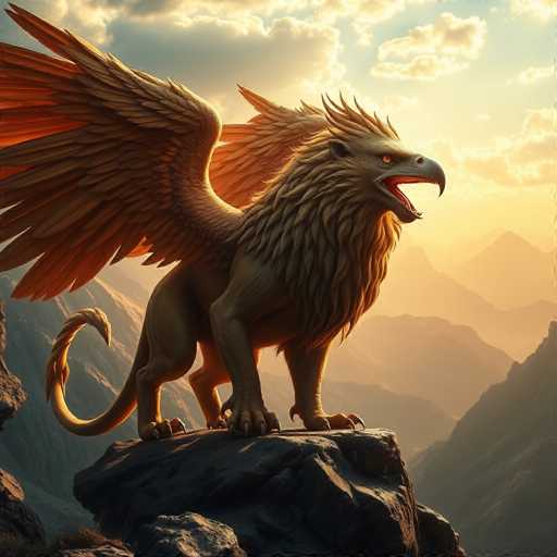 This image is a detailed, computer-generated depiction of a mythical creature, possibly AI-generated, standing on a jagged rock at the edge of a cliff. The creature combines features of a lion, eagle, and possibly a griffin, with a lion's head, mane, and body, an eagle's wings, and a tail. It has a fierce expression with its mouth open, revealing sharp teeth, and piercing orange eyes. The creature's body is a dark brown, almost black, with a lighter brown mane. Its wings are spread wide, and its tail curls behind it. The background features a dramatic landscape with a blue sky filled with clouds, and a sun either rising or setting, casting a golden hue over the scene. Below, a valley with mountains and rocks stretches out, adding depth to the image. The overall scene is vividly colored, with the creature's form standing out against the natural backdrop.