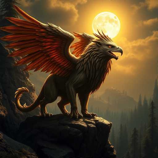 This detailed digital artwork depicts a mythical creature perched on a rocky outcrop at the edge of a cliff. The creature, resembling a fusion of a lion, eagle, and dragon, stands on four legs with a long, curled tail. Its body is predominantly gray with a lion-like mane and a fierce, eagle-like head featuring a sharp, curved beak and piercing yellow eyes. The creature's wings are expansive, with the upper feathers being white and the lower feathers a striking red. Its mouth is open, revealing sharp teeth, and it gazes intently to the right.

The background sets a dramatic scene with a large, glowing moon partially obscured by clouds, casting an ethereal light over the landscape. Below the cliff, a dense forest of tall pine trees stretches out, while distant mountains rise on the horizon. The overall atmosphere is dark and mysterious, with the creature's shadowy form contrasting against the luminous moon and the shadowy trees below.
