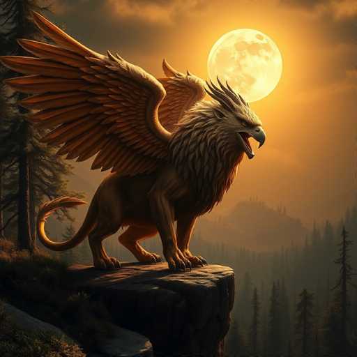 This digital artwork depicts a majestic griffin perched on the edge of a rocky cliff, overlooking a dense forest. The creature combines the powerful body of a lion with the head and wings of an eagle, its feathers a striking golden-brown. The griffin's mouth is open, revealing sharp teeth, and its piercing eyes gaze intently to the right. The scene is bathed in the ethereal light of a full moon, which casts a golden glow across the landscape, creating a mystical atmosphere. The background features a dark, shadowy forest with tall trees silhouetted against the night sky, while distant mountains add depth to the composition. The overall mood is one of ancient mythology brought to life, with the griffin appearing ready to take flight at any moment.