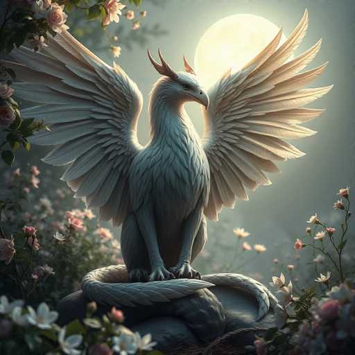 This is a detailed, computer-generated image of a majestic white dragon with a strikingly realistic appearance. The dragon, which has a bird-like head adorned with two prominent horns, is perched on a large, dark gray rock. Its expansive wings are spread wide, showcasing an intricate array of feathers. The dragon's body is covered in thick, grayish-white fur, and its long, thick tail is wrapped around the rock, curling underneath its feet. The creature's sharp claws are visible, adding to its fierce demeanor. The background features a gray sky illuminated by a large, glowing moon, casting a soft light over the scene. Surrounding the dragon are lush green plants and an abundance of pink and white flowers, creating a vibrant contrast against the dark rock and the night sky.