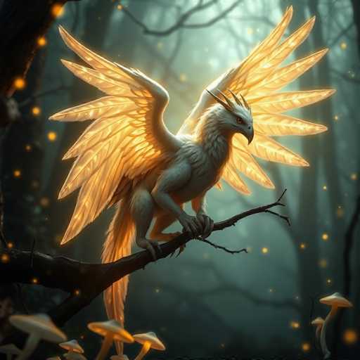 The image depicts a fantastical creature perched on a branch in a dark, foggy forest. This majestic being, resembling a hybrid of a bird and a dragon, has a white body with a long, flowing tail. Its most striking feature is its set of large, golden wings that glow with an ethereal light, illuminating the surrounding area. The creature's head is adorned with three prominent horns, and it has piercing yellow eyes that add to its mystical appearance. The forest backdrop is filled with tall trees and dotted with glowing mushrooms, enhancing the enchanted atmosphere. The creature's talons grip the branch firmly, and its gaze is directed to the right, giving it an air of watchfulness. The overall scene evokes a sense of wonder and magic, reminiscent of a setting from a fantasy story or a high-quality video game.