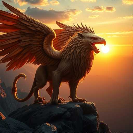 The image depicts a majestic griffin perched on a rocky outcrop, its powerful wings spread wide against a backdrop of a setting sun. The griffin, a mythical creature with the head of an eagle and the body of a lion, exudes an aura of strength and vigilance. Its piercing gaze is fixed on the horizon, as if surveying the land below. The sky is a canvas of warm hues, with the sun casting a golden glow across the landscape. Wispy clouds drift lazily across the sky, adding to the serene yet awe-inspiring atmosphere. The griffin's feathers catch the light, shimmering with an almost ethereal quality that enhances its otherworldly presence. This scene beautifully captures the essence of myth and nature in perfect harmony.