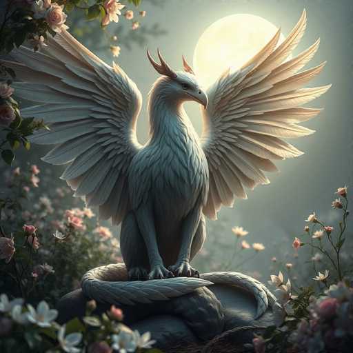 The image depicts a majestic white dragon with large wings spread wide and sharp claws extended, perched on a rock surrounded by pink flowers. The dragon is facing towards the right side of the image, creating a sense of movement and dynamism.