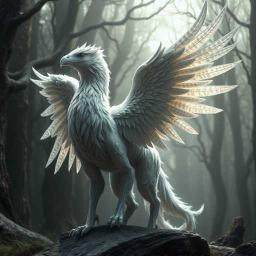 This image depicts a fantastical creature that appears to be a hybrid of a bird, eagle, and dog. The creature stands on a large, dark gray rock in the middle of a dense forest. Its body is covered in white feathers, with a head resembling that of an eagle, complete with a sharp, curved beak. The creature's wings are expansive, with feathers that transition from white at the base to a light brown at the tips. It has four legs, with the hind legs being notably larger and covered in fur, ending in sharp claws. A long, bushy tail extends from its rear, adding to its mythical appearance. The background is a foggy, dark forest with tall, leafless trees, creating an eerie and mysterious atmosphere. The creature is facing left, its head turned slightly towards the viewer, giving it an alert and watchful demeanor.