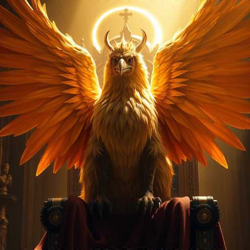 The image depicts a majestic golden eagle perched on a throne-like structure with a red cushion and gold accents. The eagle's wings are spread wide open, showcasing its impressive size and strength. A crown is placed atop the throne, symbolizing power and authority. The background features a large window that allows natural light to illuminate the scene, creating an atmosphere of grandeur and majesty.