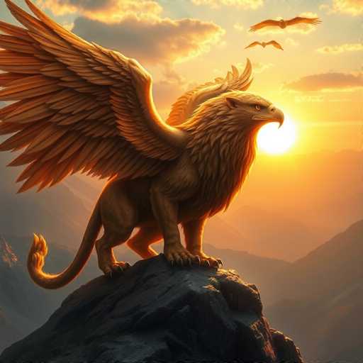 The image depicts a majestic griffin perched on a rocky outcrop, its powerful wings spread wide against a backdrop of a setting sun. The griffin, a mythical creature with the head of an eagle and the body of a lion, is rendered in intricate detail, showcasing its sharp talons and fierce gaze. The sky is awash with warm hues of orange and yellow, casting a golden glow over the scene. In the distance, two smaller birds can be seen flying, adding depth to the composition. The overall atmosphere is one of ancient mythology brought to life, with the griffin as the central focus, embodying strength and majesty in its regal pose.
