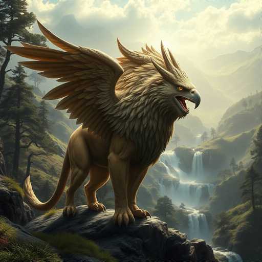 The image depicts a majestic griffin perched on a rocky outcrop in a lush, mountainous valley. This mythical creature combines the powerful body of a lion with the wings and head of an eagle, creating a formidable and awe-inspiring presence. The griffin's golden eyes gleam with an intense focus, while its open beak suggests a readiness to roar or issue a warning. Its wings are spread wide, showcasing the intricate feather patterns that add to its regal appearance. The surrounding landscape is a picturesque scene of verdant hills, cascading waterfalls, and dense forests, all bathed in the warm glow of a setting sun. The sky is a canvas of blue adorned with fluffy white clouds, enhancing the ethereal quality of the scene. The griffin's posture is alert and commanding, as if it is guarding the valley below, ready to swoop down at any moment to protect its domain. This image beautifully captures the essence of myth and nature in perfect harmony.