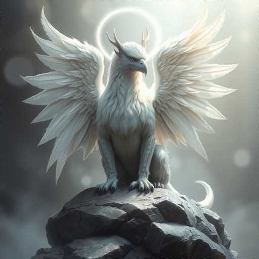 The image depicts a majestic white creature perched on a large, dark gray rock. This fantastical being has the body of a dog with four legs, each ending in sharp claws. Its head resembles that of a bird, featuring a beak and piercing yellow eyes. The creature's most striking feature is its expansive wings, which are adorned with numerous feathers and have a subtle pinkish tint at the tips. Adding to its mythical appearance, the creature has two prominent horns protruding from its head. A glowing white halo hovers above its head, enhancing its ethereal presence. The background is a soft, out-of-focus gray, with a few white circles scattered throughout, creating a dreamy atmosphere. The creature gazes intently to the right, exuding an aura of power and mystique.