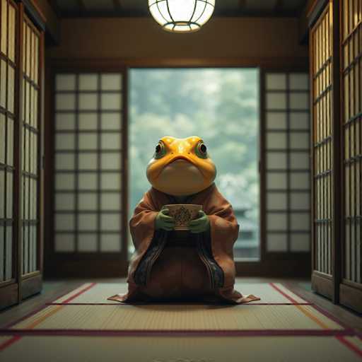 A frog statue is seated on a tatami mat inside a traditional Japanese room with wooden walls and doors. The frog has a brown body and green legs, wearing an orange robe that matches the color of its eyes. A gold cup rests in front of it, suggesting a tea ceremony or ritual might be taking place.