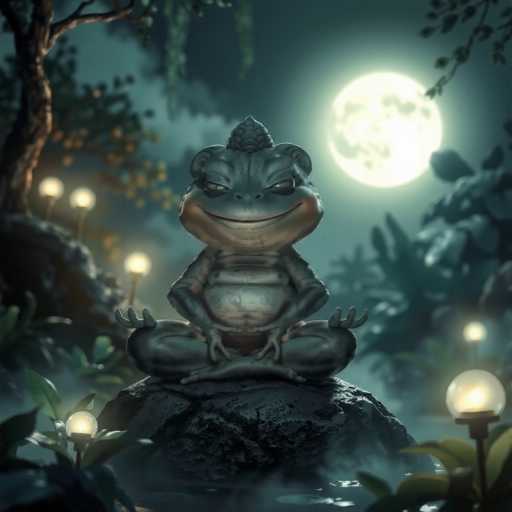 The image depicts a whimsical, cartoon-style scene featuring a frog meditating in a cross-legged, lotus position on a large, dark gray rock. The frog, which has a metallic, silver-gray body with a lighter tan underbelly, sports a large, friendly smile and squinty eyes. Atop its head is a small, pointed hat resembling a turtle shell. The background showcases a nighttime setting with a full moon casting a soft glow over the scene. Surrounding the frog are various elements: a tree with branches and leaves on the left, a rocky outcrop on the right, and several glowing light bulbs emerging from plants, adding a magical touch to the environment. The overall atmosphere is serene and enchanting, blending natural and fantastical elements seamlessly.