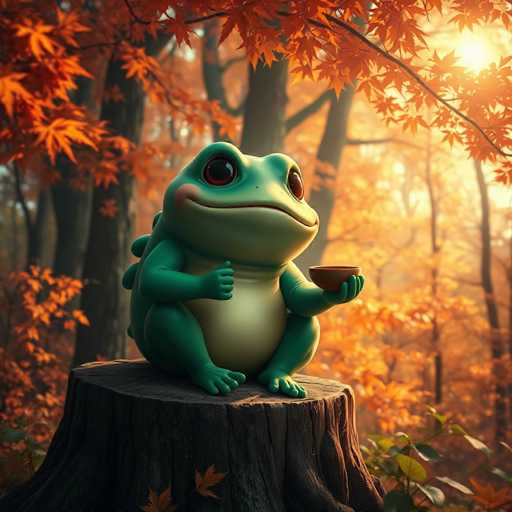 In this captivating image, a whimsical frog sits serenely on a tree stump, holding a small brown bowl in its left hand. The frog, with its light green body and white belly, has a charmingly plump appearance. Its large, expressive brown eyes are accentuated by a subtle smile, and its right hand is raised in a friendly wave. The tree stump, dark brown and textured, contrasts beautifully with the frog's vibrant colors. Surrounding the scene, a forest of tall trees with branches adorned in orange leaves creates a warm, autumnal atmosphere. The sun peeks through the foliage, casting a gentle glow over the tranquil setting.