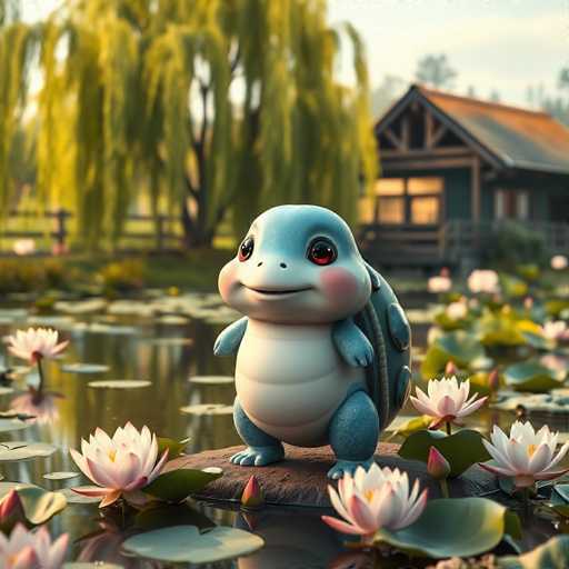 The image depicts a charming, cartoon-style scene featuring a small turtle standing on a lily pad in a tranquil pond. The turtle, with its light blue shell and darker blue limbs, has a white belly and a friendly face adorned with rosy cheeks and expressive brown eyes. Surrounding the turtle are numerous white lily pads, some with pinkish hues, and a few pink flowers adding a touch of color to the serene setting. In the background, a large willow tree with its characteristic drooping branches stands tall, its green leaves contrasting against the clear blue sky. To the right, a quaint wooden cabin with a red roof and a porch adds a cozy touch to the picturesque landscape. The scene is bathed in sunlight, enhancing the peaceful and idyllic atmosphere.