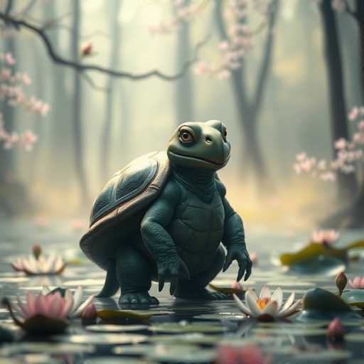 The image depicts a highly detailed, computer-generated scene of a large, green turtle standing on a lily pad in a pond. The turtle, which has a dark green shell with a brown outline, is positioned in the center of the image, facing slightly to the right. Its head is turned towards the viewer, showcasing its brown eyes and a long, thin mouth. The turtle's front legs are extended, with its claws touching the water, while its back legs are planted firmly on the lily pad. Surrounding the turtle are numerous lily pads adorned with white and pink flowers, some of which are partially submerged in the water. The background features a blurred forest with tall trees, some of which have branches extending over the pond, also bearing pink flowers. The overall scene is serene and picturesque, with the turtle appearing calm and at ease in its natural habitat.