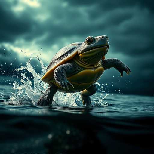 A highly detailed, computer-generated image depicts a large turtle emerging from the water. The turtle's shell is a dark gray, while its underside is a contrasting yellow. Its head, also yellow, features a closed mouth and a prominent eye. The turtle's front legs are extended forward, with its right leg slightly bent, and its back legs are positioned behind it. The water around the turtle is splashing dramatically, with droplets visible in the air. The background showcases a dark, cloudy sky, adding to the overall moody atmosphere of the scene.