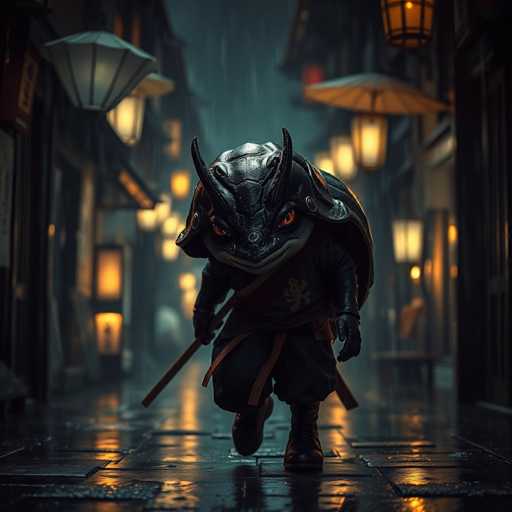 In this captivating image, a character from the animated series "Avatar: The Last Airbender" is depicted in a meticulously detailed, computer-generated scene. The character, a waterbending expert, is adorned in a distinctive black helmet that features two prominent horns protruding from the front. His eyes are a striking orange, adding intensity to his focused expression. He is dressed in a black shirt and matching black pants, complemented by sturdy black boots. In his right hand, he wields a wooden stick, poised for action. The setting is a dimly lit street, shrouded in darkness, with the ground appearing wet and reflective. The atmosphere is further enhanced by the presence of numerous lanterns, casting a warm glow that contrasts with the surrounding shadows. The character is captured mid-stride, walking purposefully down the street, embodying a sense of determination and readiness.