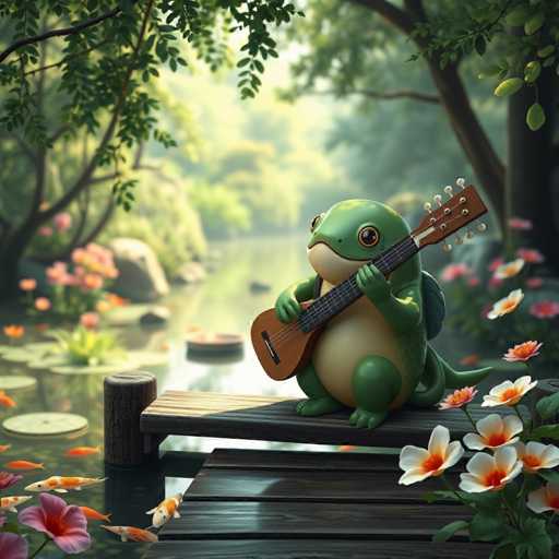 In this captivating image, a serene pond is adorned with vibrant lily pads and lush greenery. At the center of the scene, a small wooden bench sits gracefully, providing a perfect vantage point to observe the tranquil surroundings. Perched on the bench is an endearing, cartoonish frog with a light green body and a white belly. The frog, with its large, expressive eyes and a gentle smile, strums a brown guitar, adding a whimsical touch to the picturesque setting. The pond is teeming with life, as numerous koi fish glide through the water, their scales shimmering in the sunlight. The background is a blur of verdant trees, enhancing the peaceful ambiance of this enchanting outdoor scene.