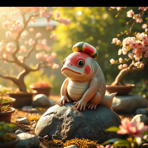 The image depicts a frog statue with a watermelon on its head and a red hat sitting atop it. The frog is positioned on a rock surrounded by potted plants and trees.