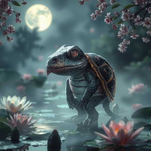 The image depicts a turtle with a brown shell and green eyes standing on one leg in the center of a pond surrounded by pink flowers. The background features a full moon and trees, creating an ethereal atmosphere.