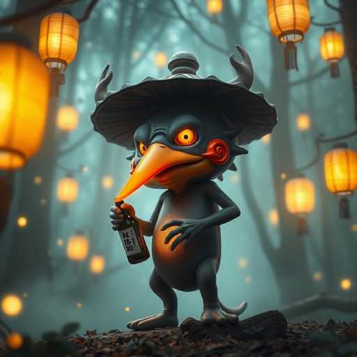 The image depicts a whimsical, cartoonish bird standing on a pile of dirt and leaves. The bird, which has a gray body, is wearing a large, wide-brimmed hat reminiscent of traditional Asian headwear, possibly a rice paddy hat. Its eyes are strikingly yellow, and it has a long, orange beak that appears to be breathing fire. The bird's posture is somewhat human-like, with one hand holding a bottle of alcohol, likely Japanese, and the other hand resting on its belly. The scene is set in a foggy forest, with numerous orange lanterns hanging from the trees, casting a warm glow that illuminates the bird's belly. The background is slightly blurred, emphasizing the bird as the central focus of the image.
