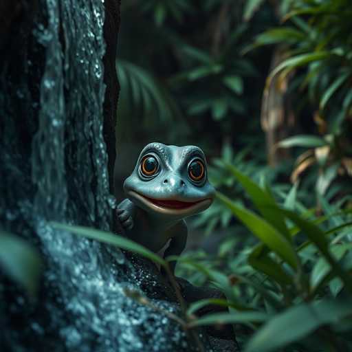 The image depicts a computer-generated scene featuring a small, cartoonish frog with a light blue body and large, expressive orange eyes. The frog, which has a wide, smiling mouth and a tiny nose, is peeking out from behind a large, dark gray rock that appears to be part of a waterfall. The rock is textured with white highlights, suggesting the presence of water cascading over it. The frog's left hand is visible, gripping the rock, while its right hand is obscured. Surrounding the frog are lush green plants, including palm fronds and other foliage, adding to the tropical atmosphere. The background is slightly blurred, emphasizing the frog and the waterfall as the main focal points of the image.