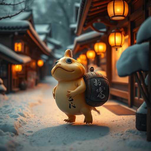 A cute, golden-yellow Kappa character with a wide smile and large eyes walks down a snow-covered Japanese street. The Kappa carries a dark brown sake barrel slung over its back, adorned with traditional Japanese script. Warm lanterns illuminate the snowy path lined with traditional wooden houses and eaves. The scene is rendered in a soft, atmospheric style with a high level of detail, creating a serene and magical winter wonderland.